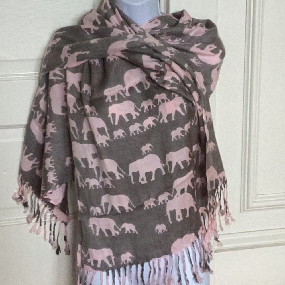 PINK Elephant shawl, wrap or scarf. Gray background with pink elephants. 70 x 27